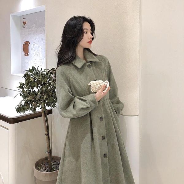 

women's wool & blends coat 2021 winter waist temperament woolen cloth thickened hepburn wind high long 557, Black
