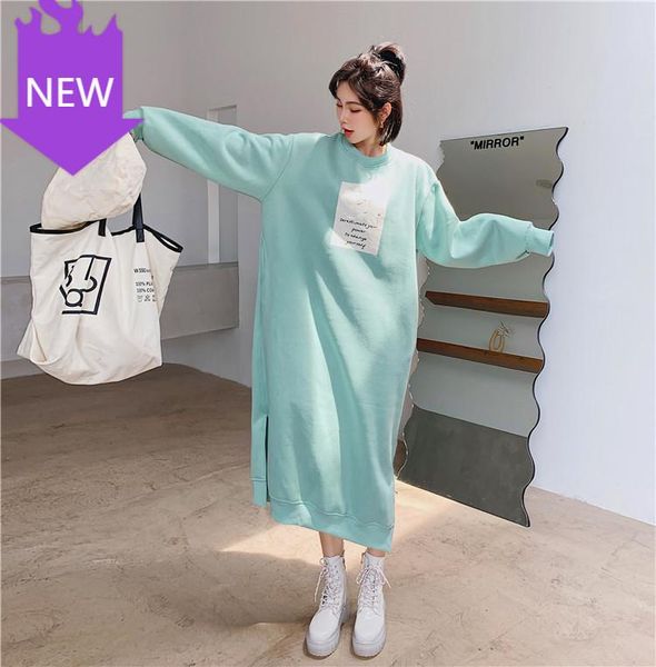 

women's hoodies & sweatshirts loose o-neck long sleeve print pink clothing lady autumn winter korean sweatshirt dress women casual slit, Black