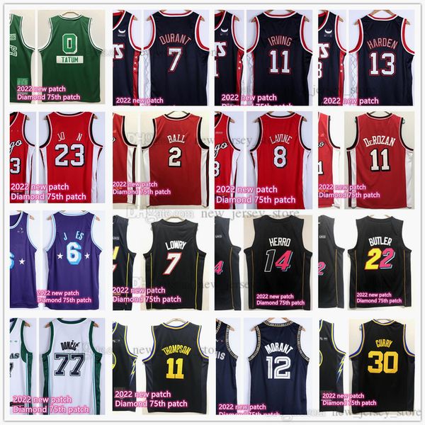 

2022 new city basketball jerseys diamond 75th anniversary ball morant harden durant irving lavine derozan tatum herro curry thompson doncic, Black;red