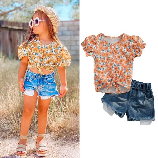 

clothing sets 1-6years summer children girls floral print puff sleeve button shirts +denim shorts kids casual clothes, White