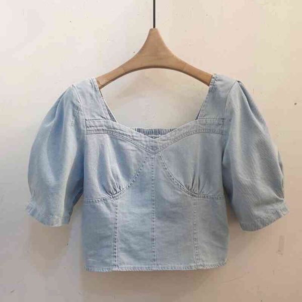 

temperament square collar short shirts womens blouses dropped waist blusas mujer summer short sleeve woman crop 210514, White