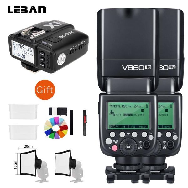 

dhlgodox 2x v860ii-n gn60 i-ttl hss 1/8000s 2.4g speedlite flash li-ion battery + x1t-n transmitter for +gift flashes