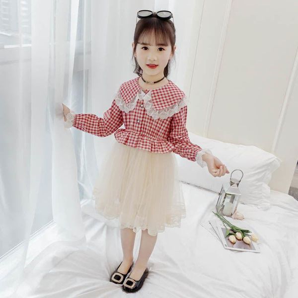 

girl's dresses girls long sleeve princess spring fall children's plaid tulle spliced dress kids cute gauze lace embroidered b346, Red;yellow