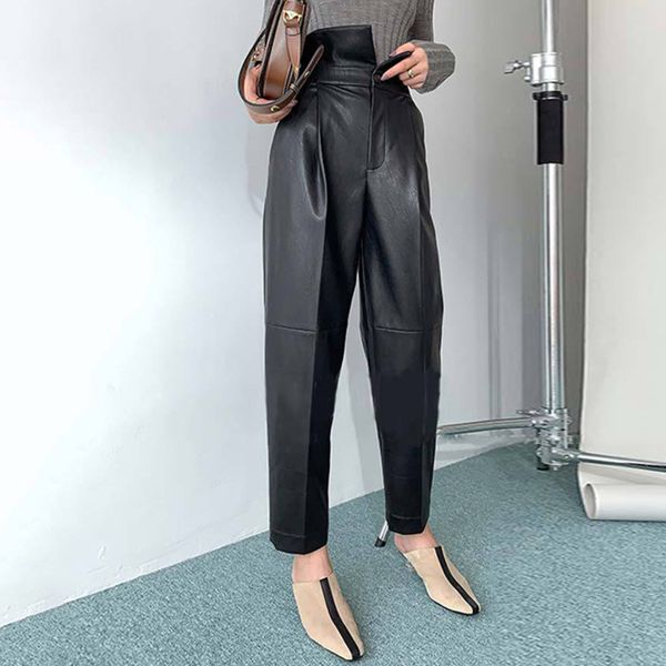 

women's pants & capris [ewq] high waist slim lady clothing black trousers female fashion casual pu leather harem autumn women 42p9, Black;white