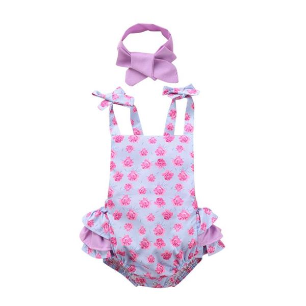 

born infant baby girls clothes set flower printed bodysuit sleeveless ruffles romper+headbands sets ropa de niÃ±a rompers, Blue