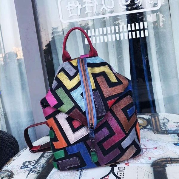 

cross-border leather female matching color cowhide puzzle baotou retro layer backpack bag new rsfec