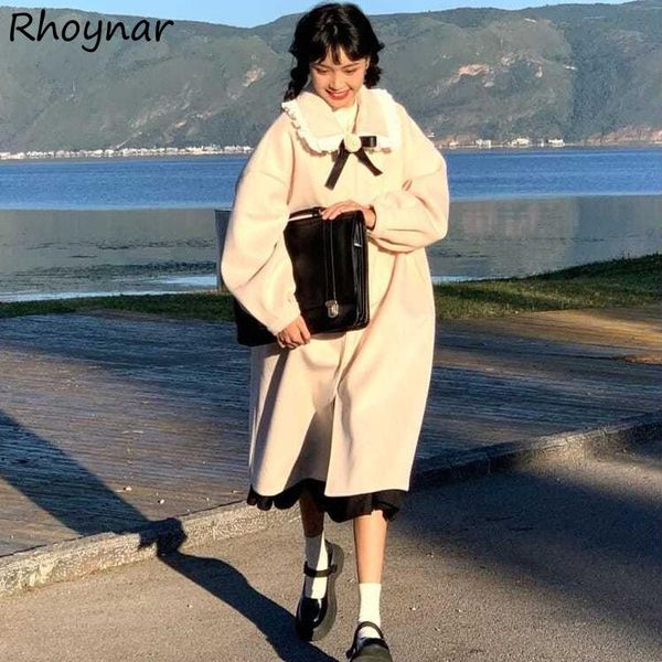 

women's wool & blends long women temperament korean style lace patchwork design classic all-match streetwear winter outwear elegant muj, Black