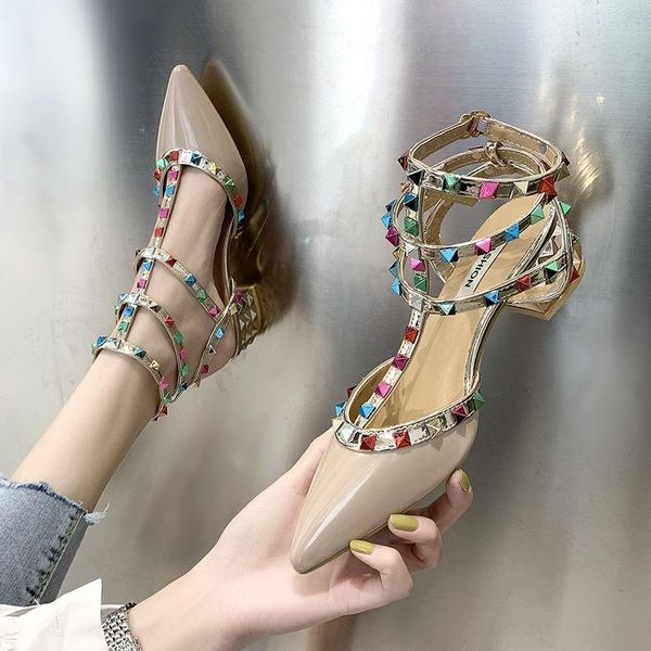 

color drill rivet pointed toe sandals roman style one-word buckle pu square heel high-heeled shoes fashionable shiny, Black