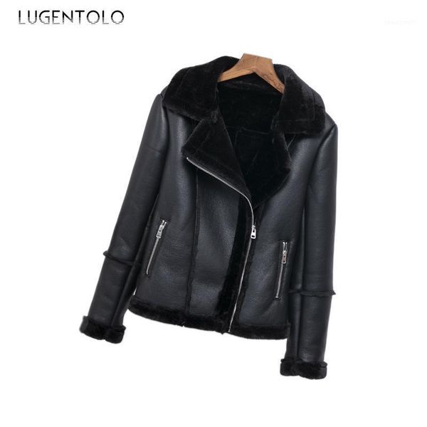 

leather fur coat women winter warm solid color long sleeves turn-down collar pu moto zipper flocking lugentolo women's & faux, Black