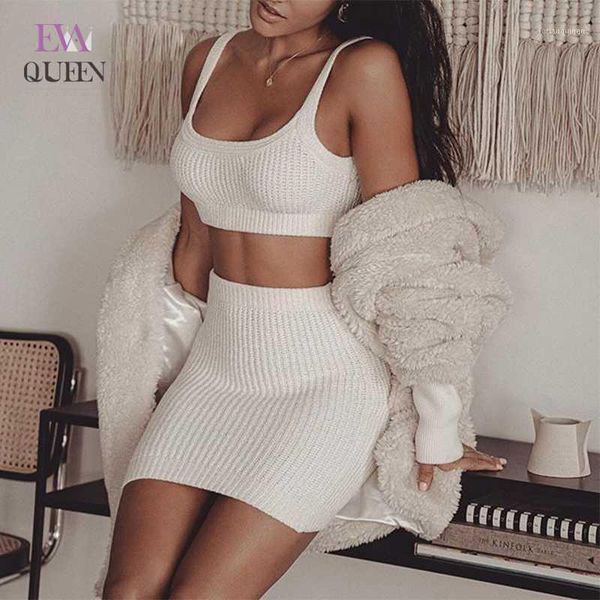

evaqueen solid knitted sweater two piece set women spaghetti strap crop cop and mini skirt summer suit bodycon1, Gray