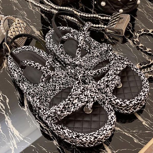 

braided rope woman shoes buckle strap sandals thick bottom flip flops rome beach ladies summer fashion women 2021, Black