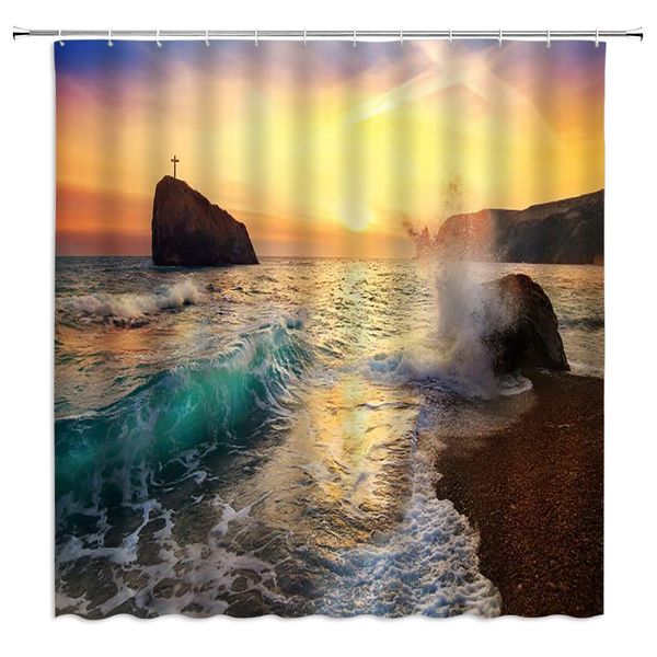 

ocean landscape shower curtain beautiful colorful rolling waves beach rock island sunset cross,70x70 inch polyester fabric