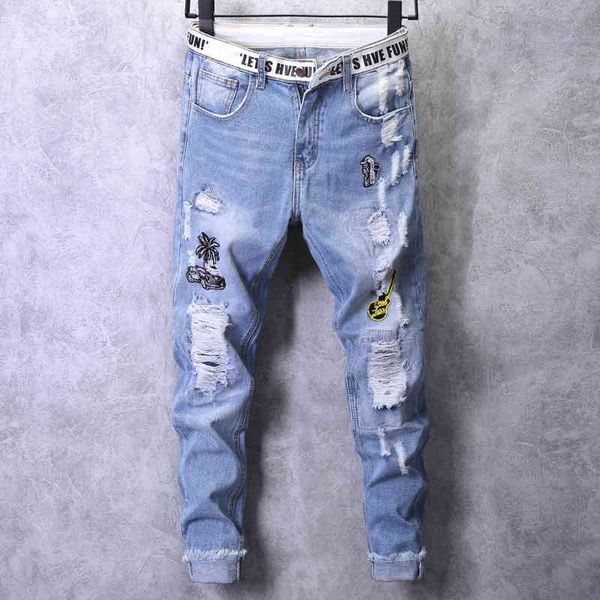 

jeans men's letter belt slim hip-hop skinny light blue ripped embroidered printed badge denim