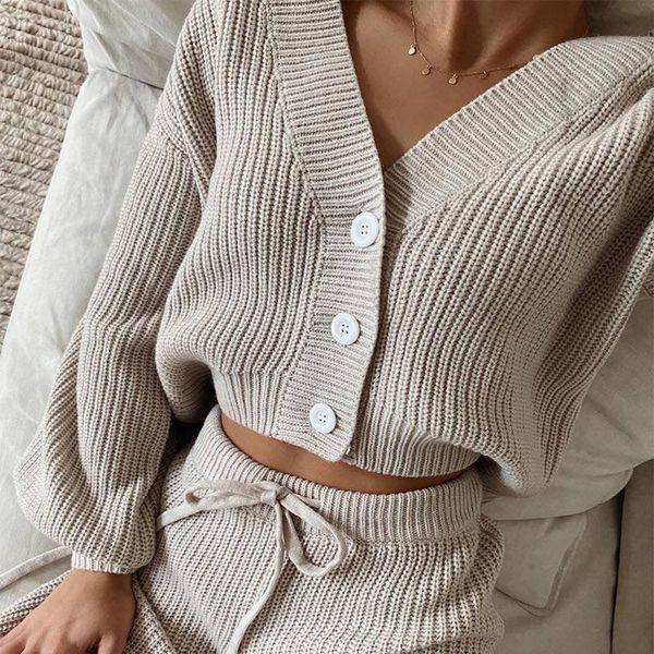 

women's two piece pants knitted crop cardigan loose trousers set 2021 autumn long sleeve buttons knitwear wide leg pant sets female cas, White