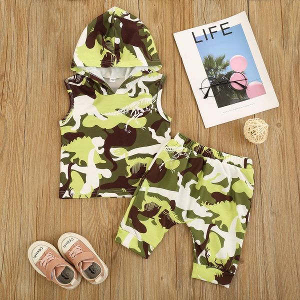 

clothing sets kid's camouflage clothes set sleeveless hooded collar elastic head half trousers for summer suits sunsuit, White