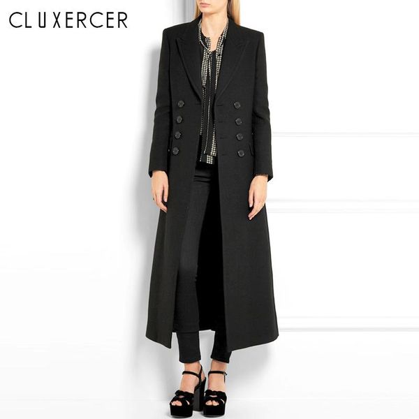 

women's wool & blends 2021 winter fashion elegant double breasted woolen coat high street slim fit feminine x-long outerwear, Black