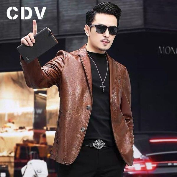 

men's leather & faux oil wax cowhide 2021 autumn haining genuine jacket short suit collar business casual coat, Black