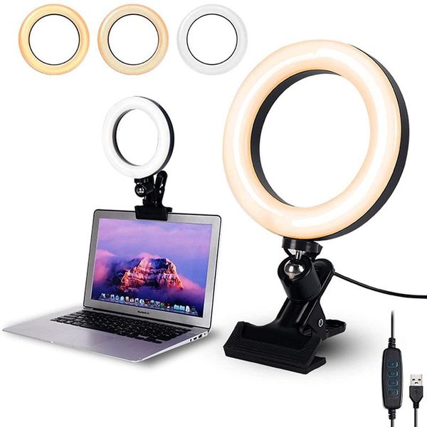 

selfie ring light clip with clamp mount desk makeup video 360 degrees rotatable lamp dimmable color live steam webcam spotlights