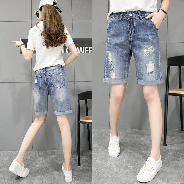 

women's jeans summer denim shorts female students korean version hole loose five-point pants high waist large size straight leg, Blue