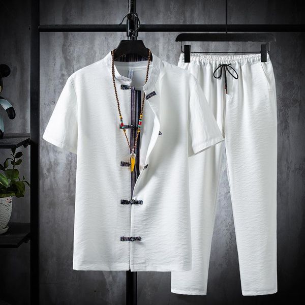 

men's tracksuits mens linen 2021 summer solid color t-shirts o-neck tee short sleeve t-shirt trousers set large size tracksuit, Gray