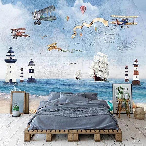 

custom mural self adhesive wallpaper 3d cartoon airplane sailboat sea painting kids bedroom background decor creative waterproof wallpapers