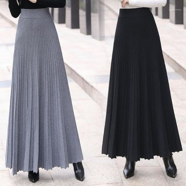 

skirts women 2021 autumn fashion long knitted warm female high waist loose ladies solid color pleated m855, Black
