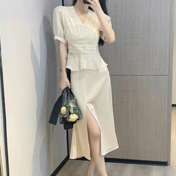 

two piece dress fashion casual 2 peice sets women outfits sleeve shirt blouse crop + bodycon long skirt set summer suits dveq, White