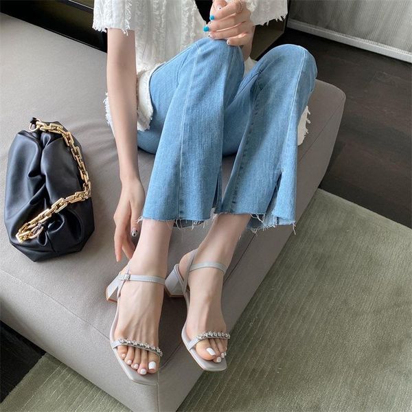 

sandals fashion womens shoes 2021 clear heels chunky all-match luxury block low girls flat rhinestone outside summer slipper, Black