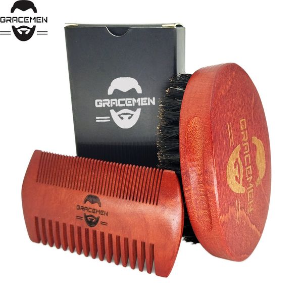 MOQ 100 Set Personalizzato Logo Uomo Kit per la cura della barba per il viso / testa dei capelli Bustache Pennello in legno rosso e set di pettini dual lati con scatola regalo nero personalizzato