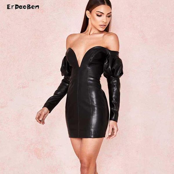 

casual dresses erdaoben women red black bodycon celebrity party of shoulder pu leather dress sp5001, Black;gray