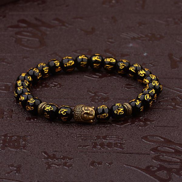 

charm bracelets women's retro tibetan black beads carve mantra om mani amulet bracelet men vintage buddhist meditation jewelry ab285, Golden;silver