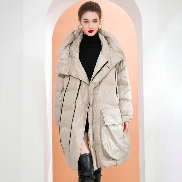 

women's white duck down coat long sleeves detachable collar winter thick parkas oversize overcoat warm outerwear, Black