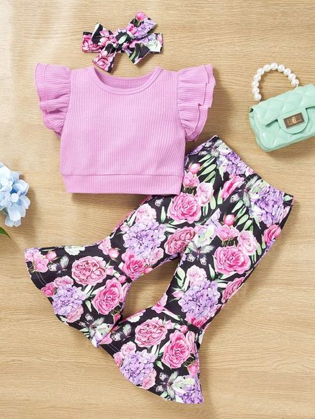 

baby ruffle trim & floral print flare leg pants with headband she, White