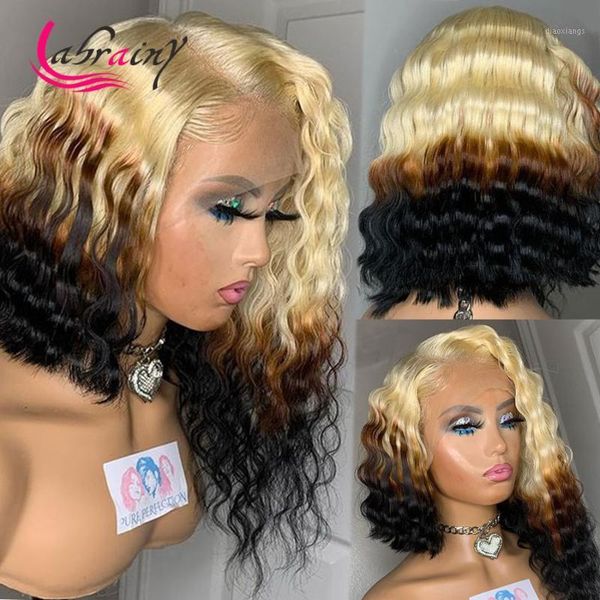 

transparent lace frontal human hair wigs highlight blonde kinky curly front wig bob pre plucked deep wave 13x61, Black;brown