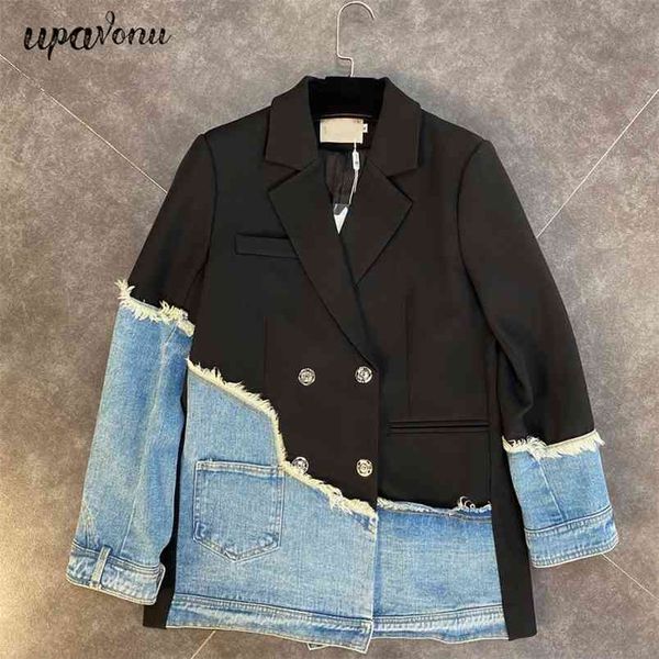 Kostenlose Frauen Langarm Denim Nähen Mode Trend Damen Anzug Koreanischer Stil Kontrastfarbe Design Jacke 210524