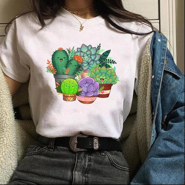 

cactus flower happy fashion cartoon women t shirt short sleeve tees graphic, White