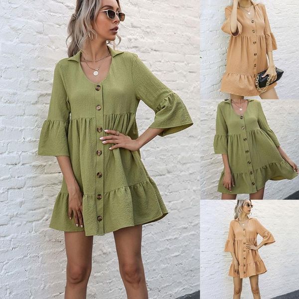 

casual dresses ladies summer single-breasted sundress solid color lapel flare mid-sleeve loose pleated shirt dress, Black;gray