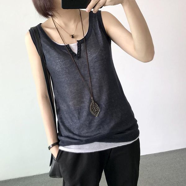 

women's tanks & camis summer style literary sleeveless linen loose large size fake two-piece v-neck button vest bottoming shirt blouse, White