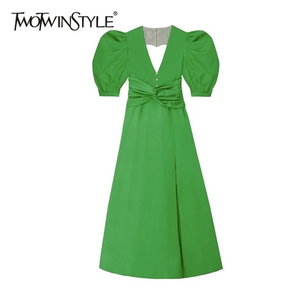 

casual side split dress for women v neck puff sleeve high waist maxi summer dresses female fashion clothing 210520, Black;gray
