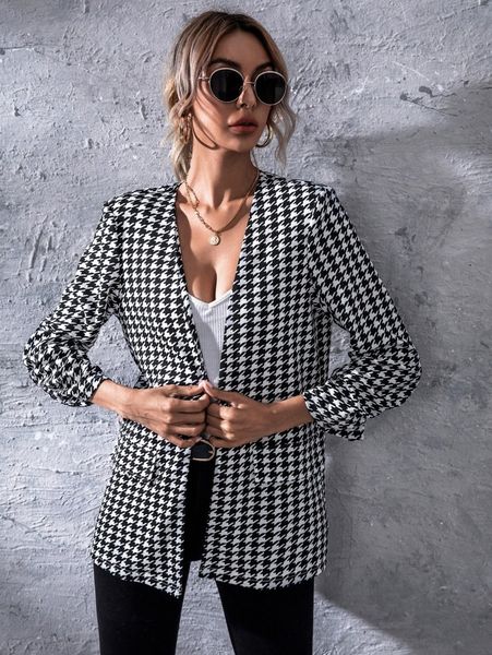 

open front houndstooth blazer p27z#, White;black