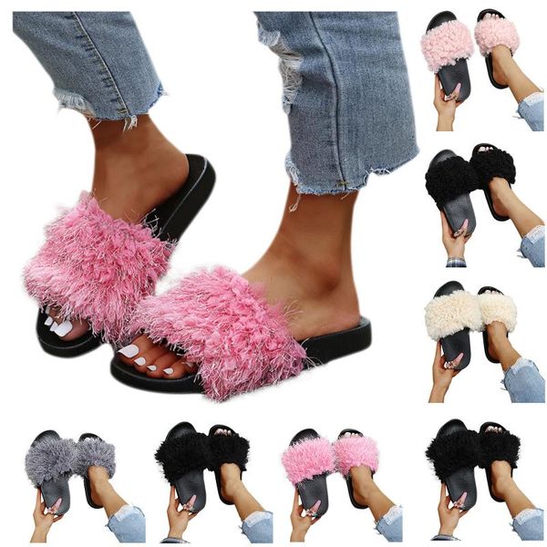 

slippers women house warm faux fur fashion shoes woman slip on flats designer ladies furry female slides indoor, Black