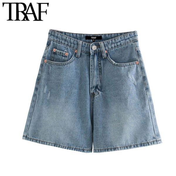 

traf women chic fashion pockets straight denim shorts vintage high wait zipper female short jeans pantalones cortos 210324, White;black