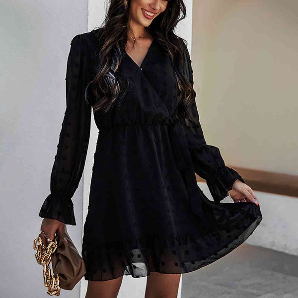 

dress mesh polka dot midi dress spring 2021 women lace up long sleeve a line ruffle v neck ladies casual vintage black white dresses yddc, Black;gray