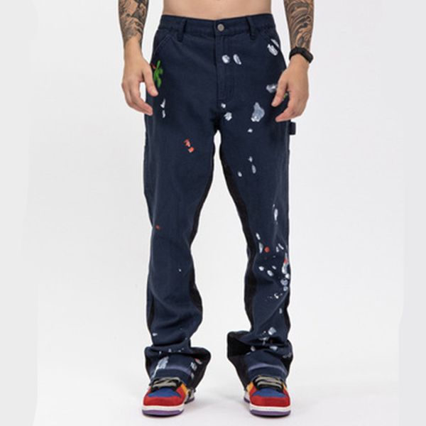 

graffiti splashed ink jeans for men wide foot denim jean homme original pant motorcycle trouse, Blue