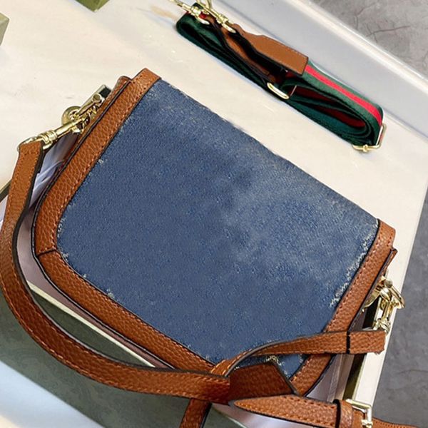 

mini saddle bag cross body purse women bags patchwork color printed letters denim canvas genuine leather hasp wide shoulder strap