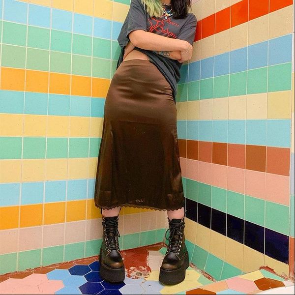 

midi fashion womens skirt silk satin leoaprd solid lace trim clubwear waist bodycon a line, Black