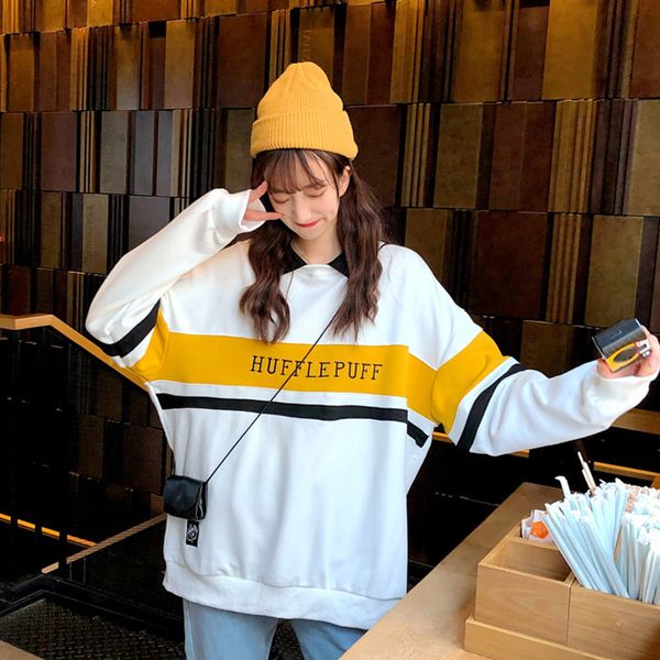 

polo collar stitching sweatshirt women contrast color fake two-piece green coat letter harajuku print pullover female white, Black