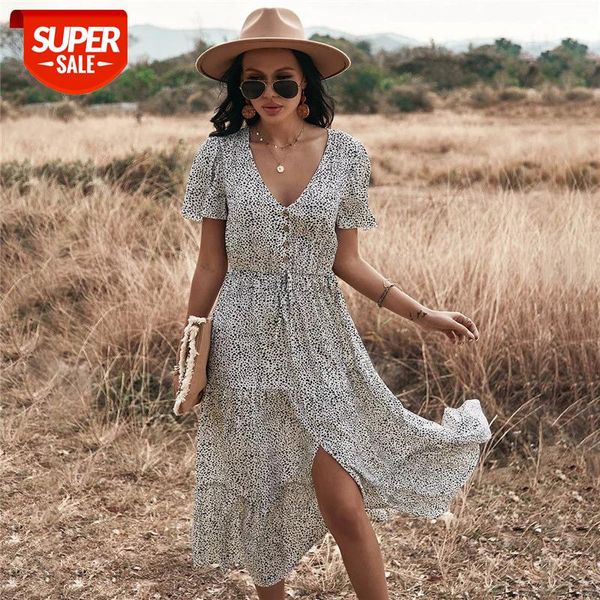 

2021 new spring print long dress women v neck short sleeve lace up button dress for woman leopard summer #tj7z, White;black