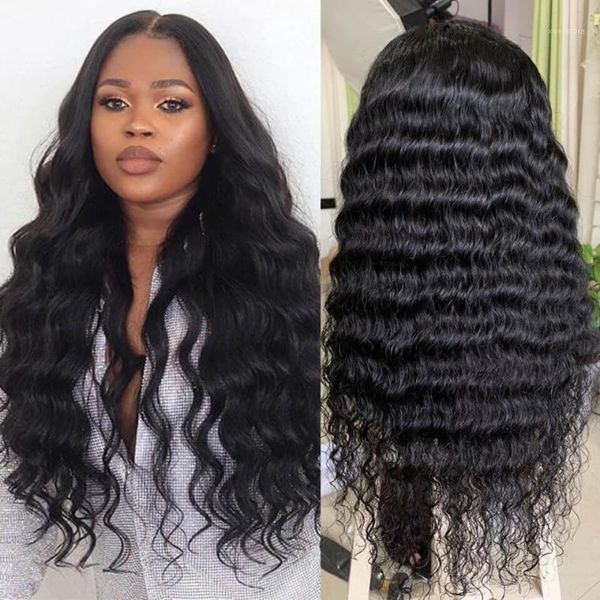 

30inch loose wave wig 13x4 lace front human hair wigs brazilian remy full frontal pre plucked for black women1, Black;brown