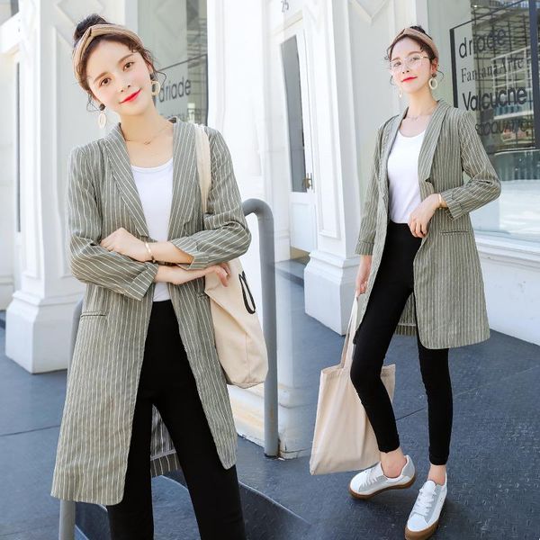 

women's suits & blazers autumn loose plus size blazer office lady casual striped mid long casaco feminino three quarter sleeve pockets, White;black